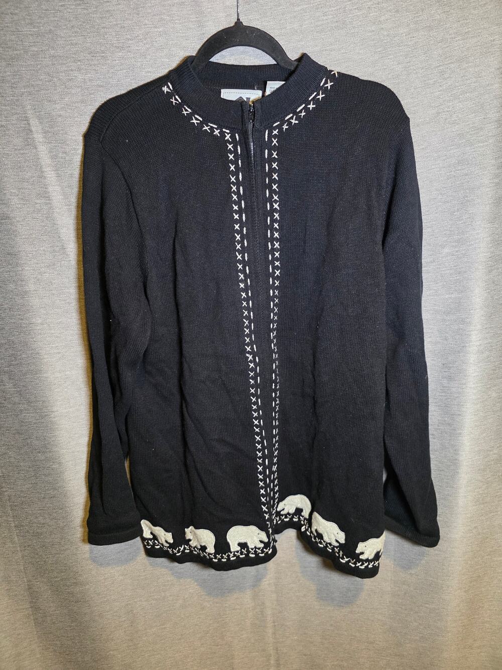 Storybook Knits Polar Bear Zip Cardigan Sweater Black Sz 1X Zip up
